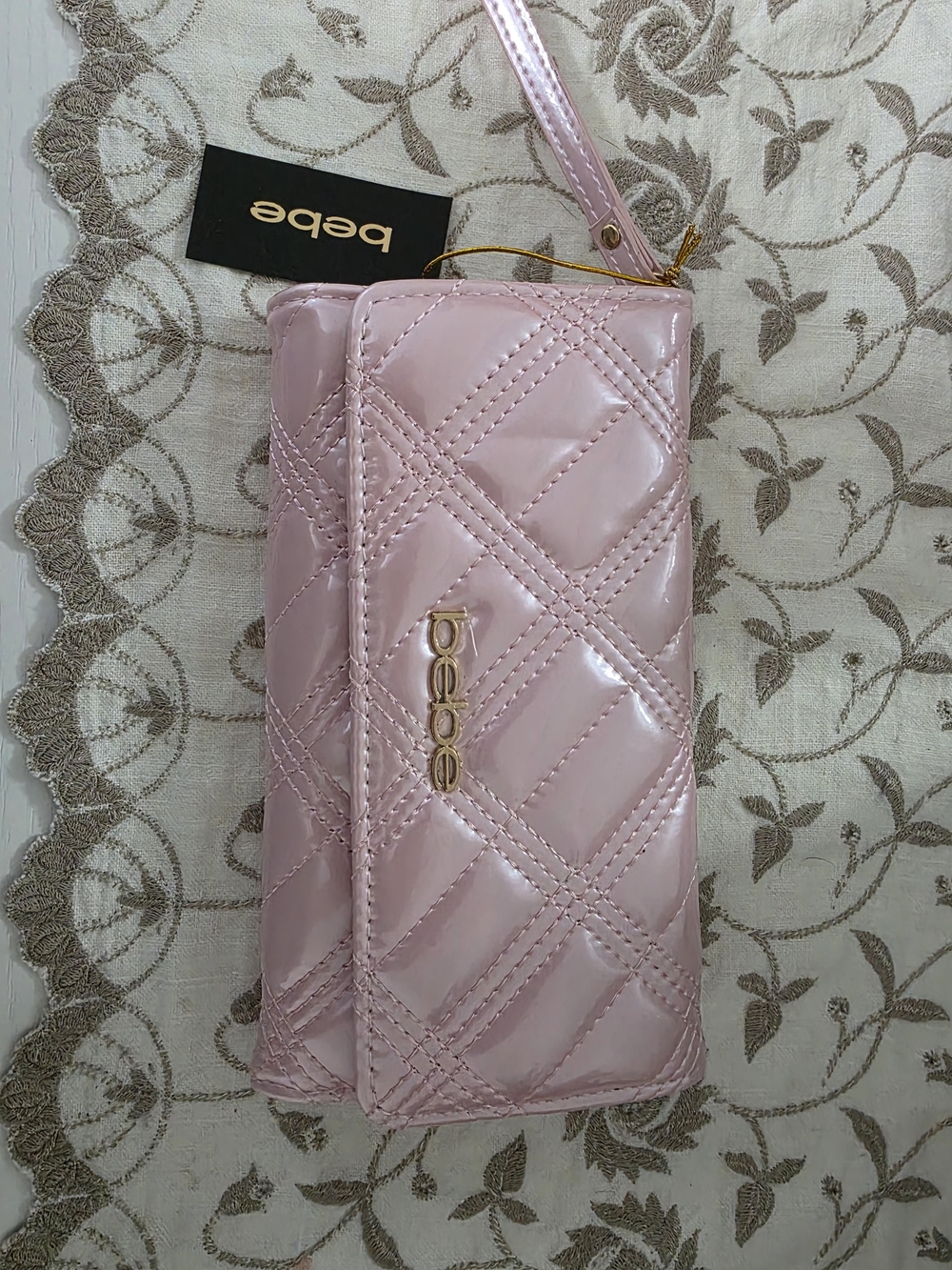 bebe Quilted Patent Wristlet Wallet in Light Pink